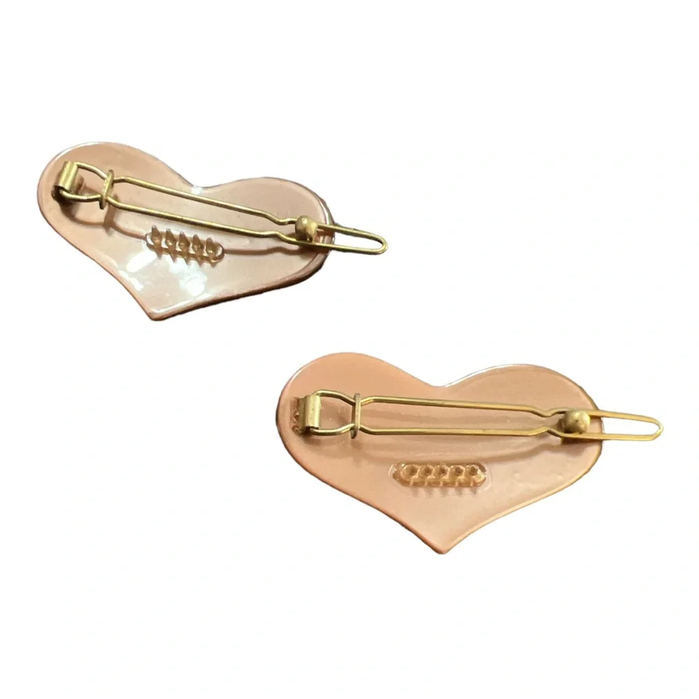 Vintage Pearlescant Brown French Heart Barrettes, One Pair ,‎ Deadstock